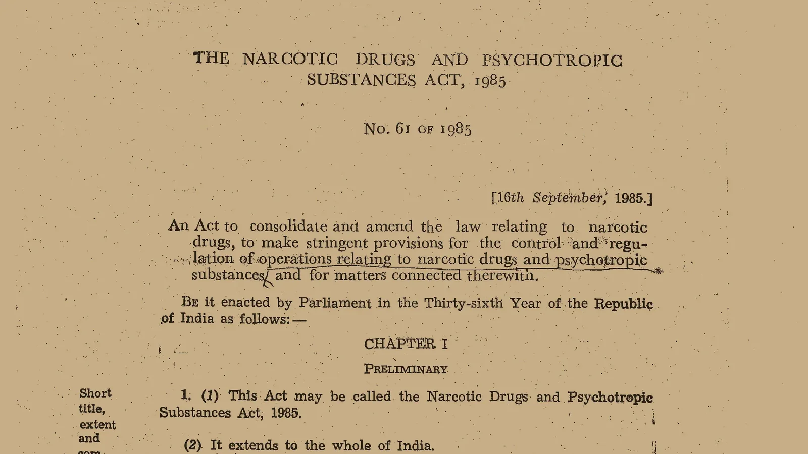 The first page of the Narcotic Drugs and Psychotropic Substances Act, 1985 as passed, headed “No. 61 of 1985” and dated 16 September 1985, with a handwritten note in the margin.